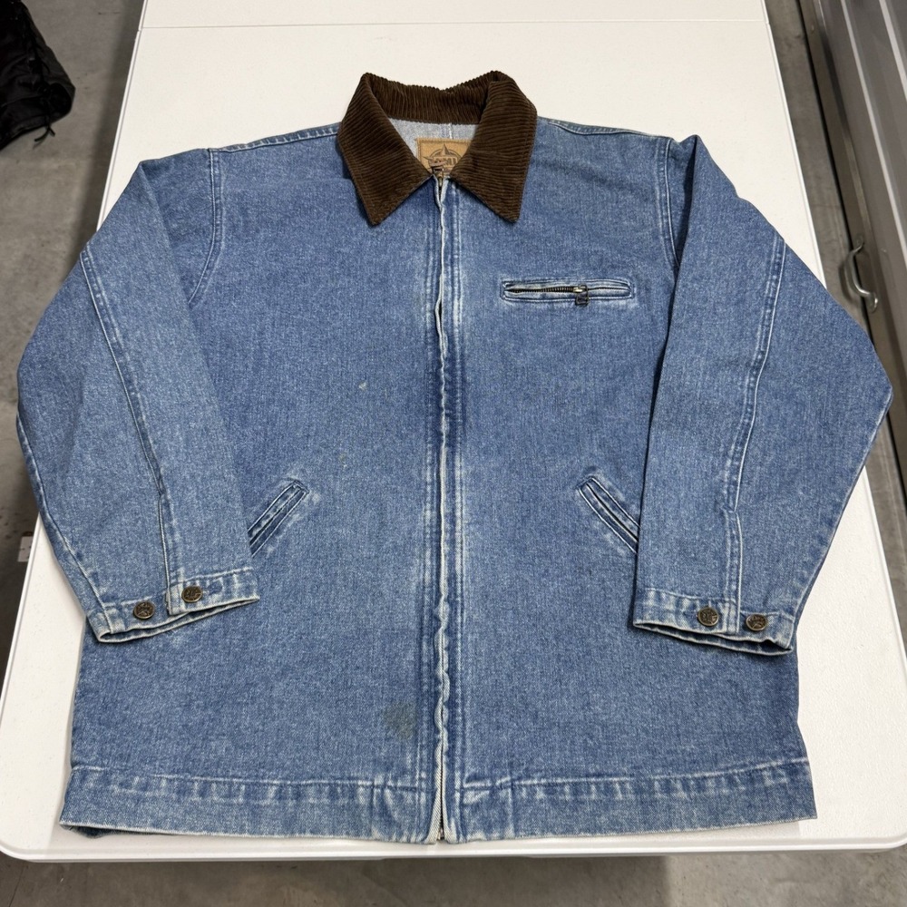 Denim harrington jacket Mens L Blue Fair Corduroy Collar Zip Up Workwear Coat
